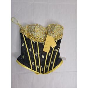 Savoy's Embellished Coquette Corset Top Sz 4 Black Yellow Bling Bumblebee